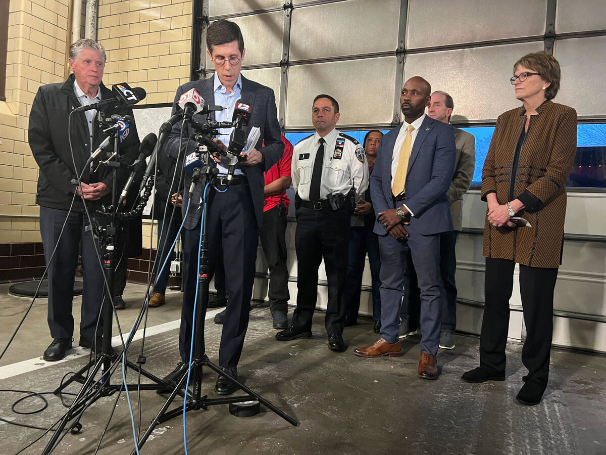 Mayor Brett Smiley speaks to reporters during a Brown University news conference, in Providence ...