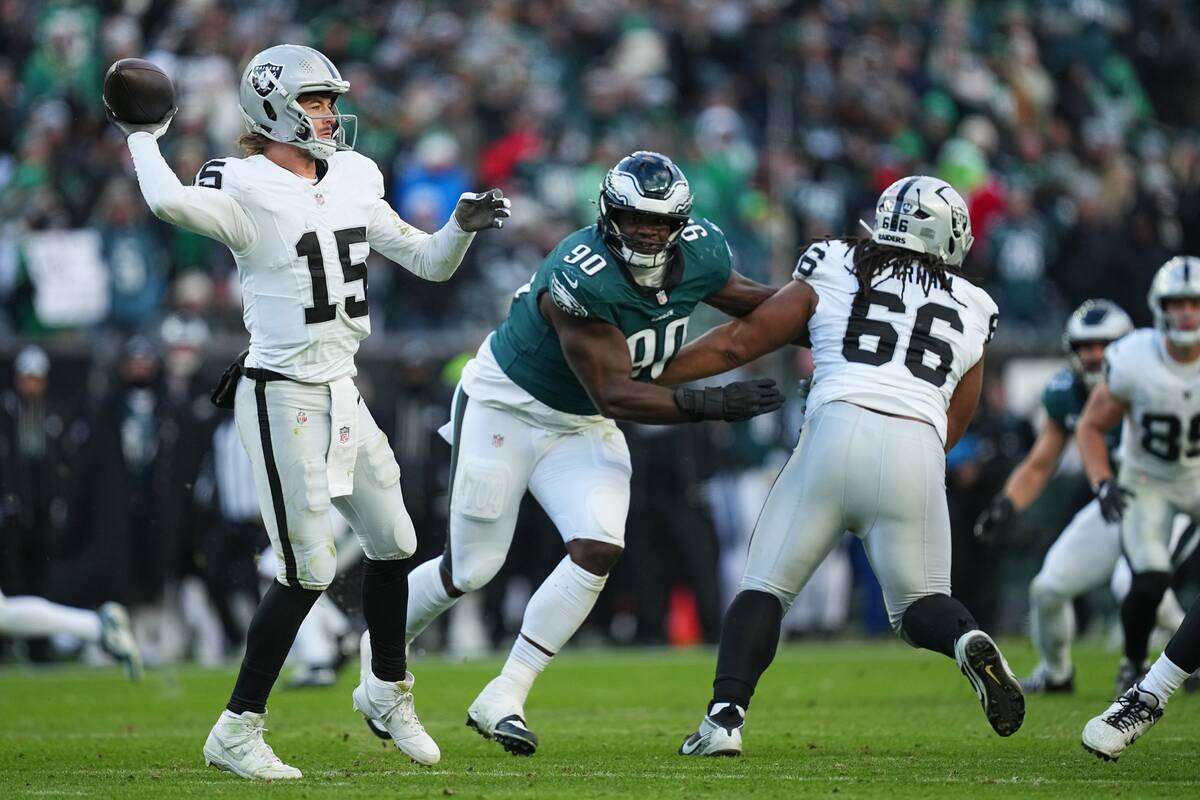 Las Vegas Raiders quarterback Kenny Pickett (15) passes during the second half of an NFL footba ...