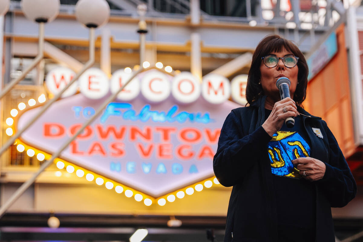 Sen. Jacky Rosen, D-Nevada, speaks during the Fremont Street Experience menorah lighting Sunday ...