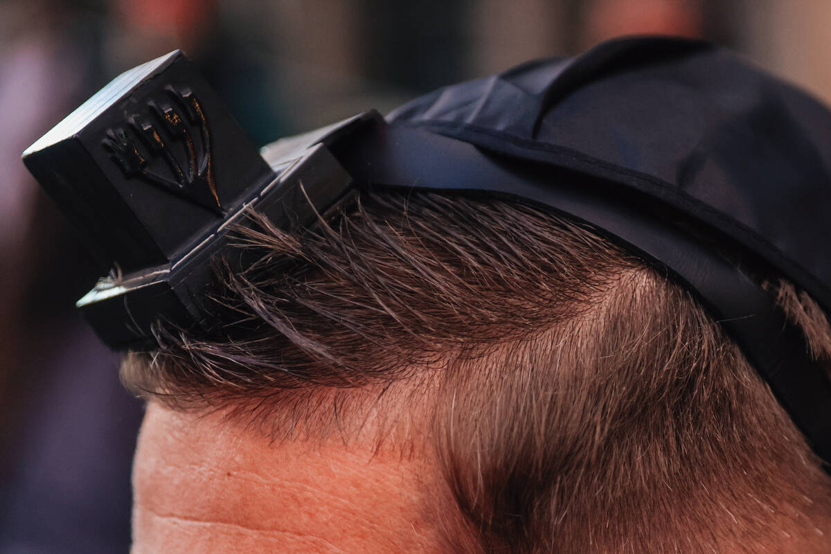 The tefillin is wrapped around a head during the Fremont Street Experience menorah lighting Sun ...
