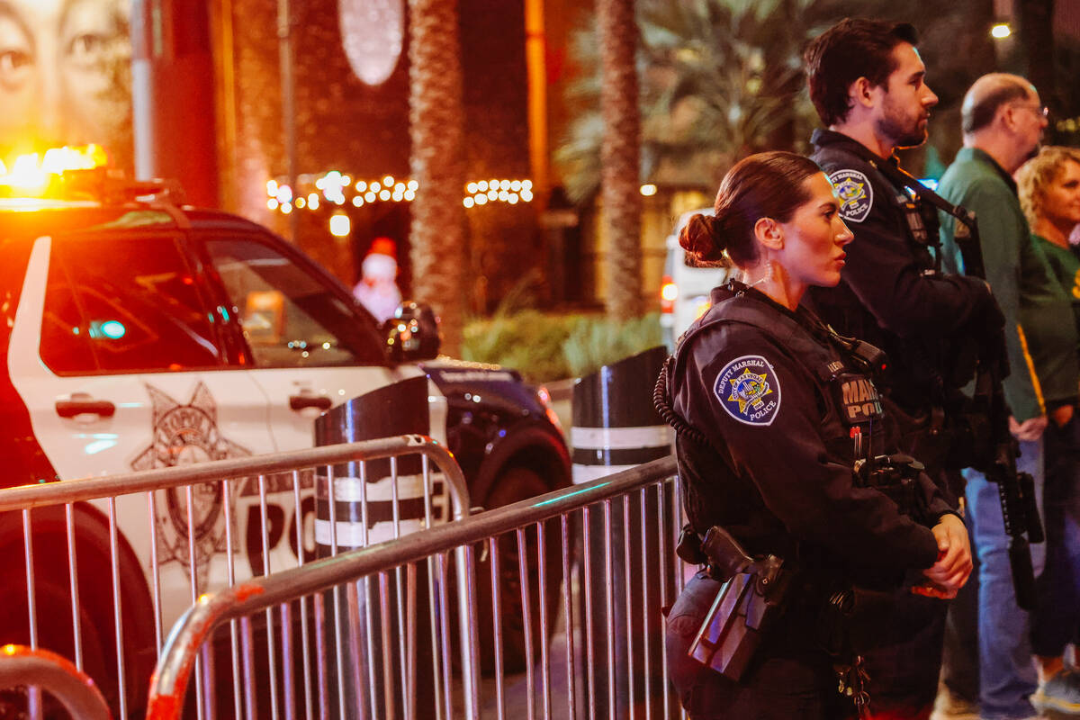 Police and security surround the Fremont Street Experience menorah lighting Sunday, Dec. 14, 20 ...