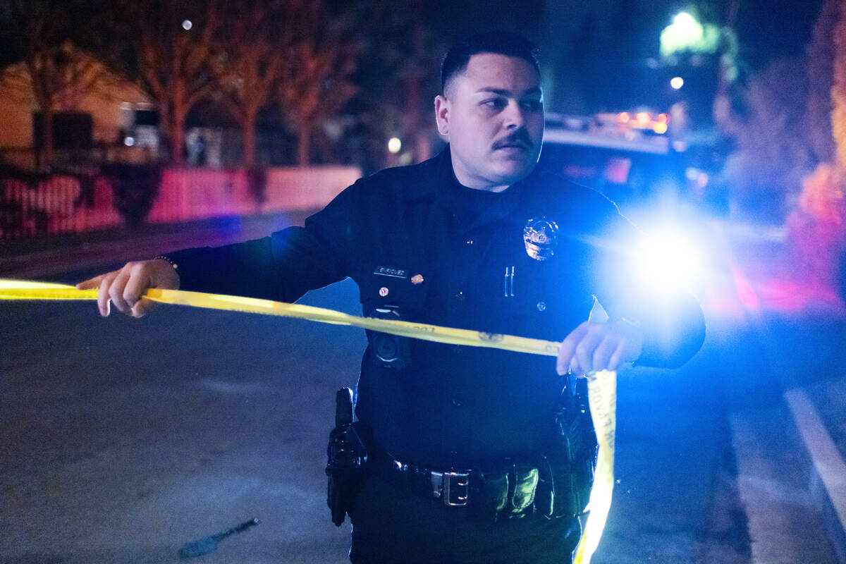 A police office blocks off a street near Rob Reiner's residence Sunday, Dec. 14, 2025, in ...