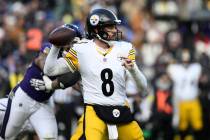 Pittsburgh Steelers quarterback Aaron Rodgers (8) in action during the second half of an NFL fo ...
