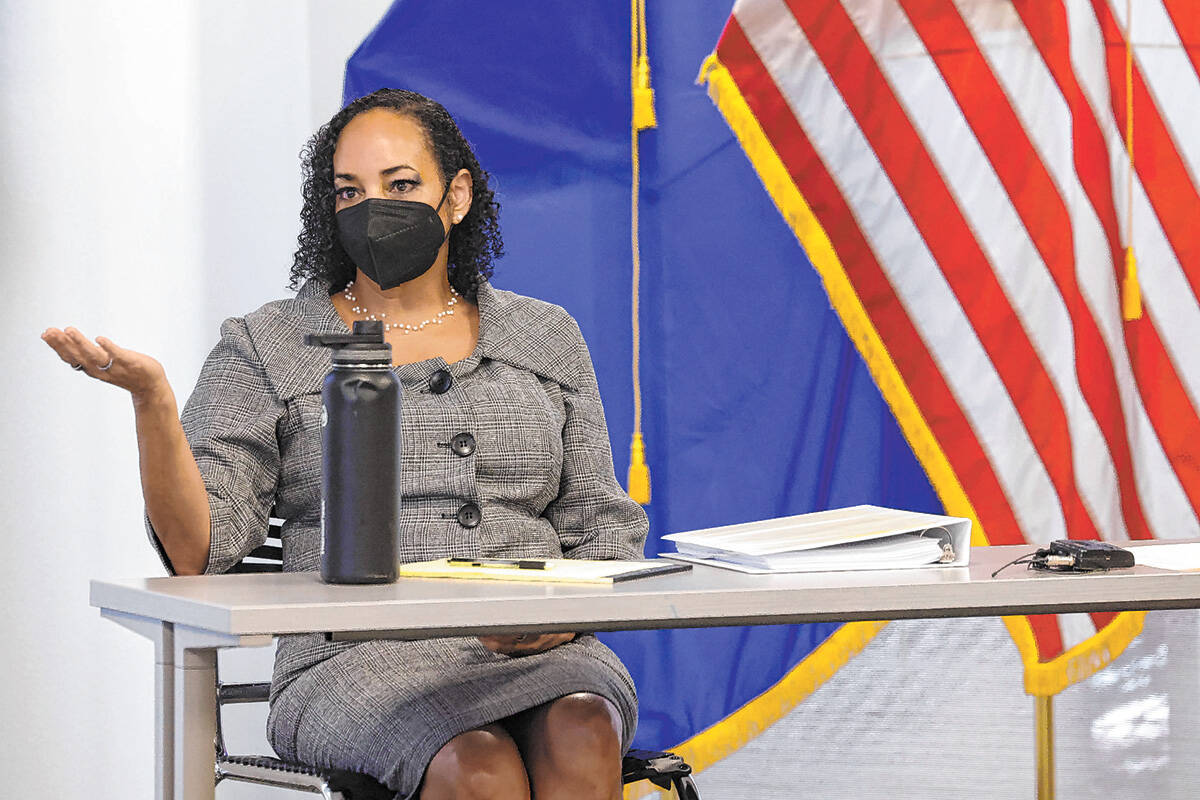 District Judge Erika Ballou, who is accused of defying the Nevada Supreme Court, testifies in h ...