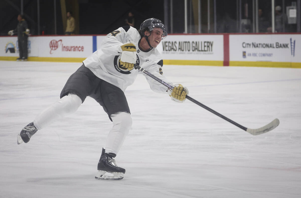 Golden Knights forward Trevor Connelly (24) shoots during the first day of the Golden Knights' ...