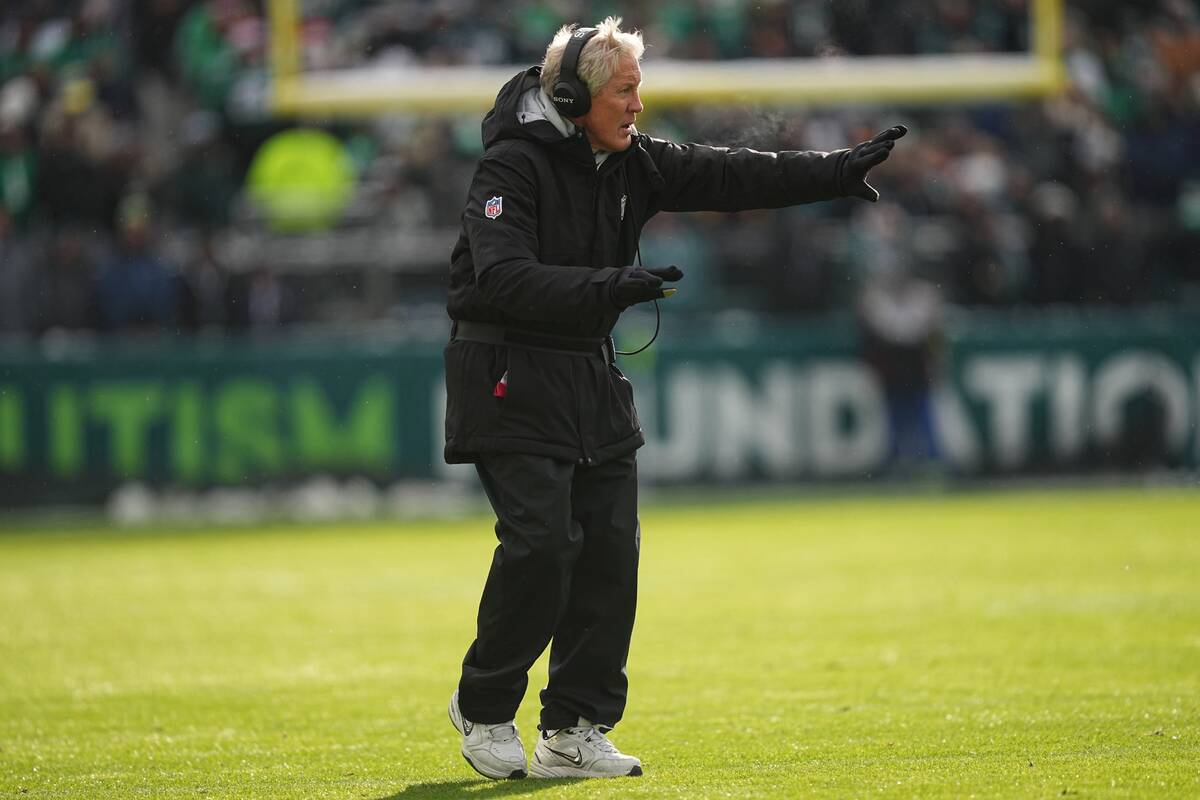 Las Vegas Raiders head coach Pete Carroll gestures during the first half of an NFL football gam ...