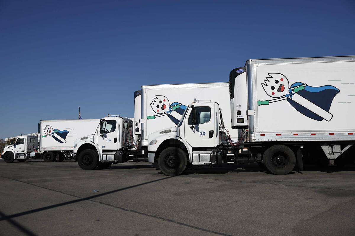 Rows of trucks wait to be loaded at CCSD’s Central Kitchen Thursday, Nov. 13, 2025 in La ...