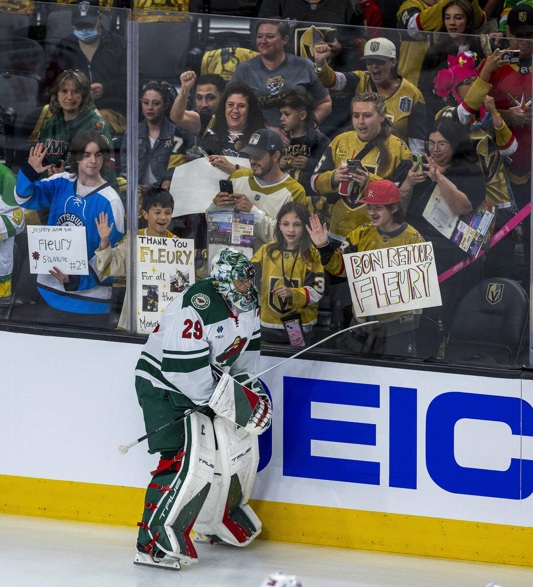 Minnesota Wild goaltender Marc-Andre Fleury (29) is celebrated by the fans during warm ups befo ...
