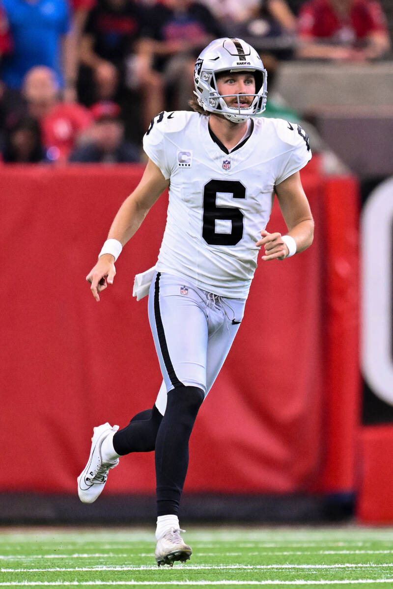 Las Vegas Raiders punter AJ Cole (6) runs down field against the Houston Texans during the firs ...