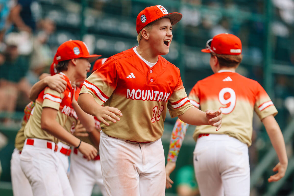 Summerlin South pitcher Garrett Gallegos celebrates winning a Little League World Series semifi ...