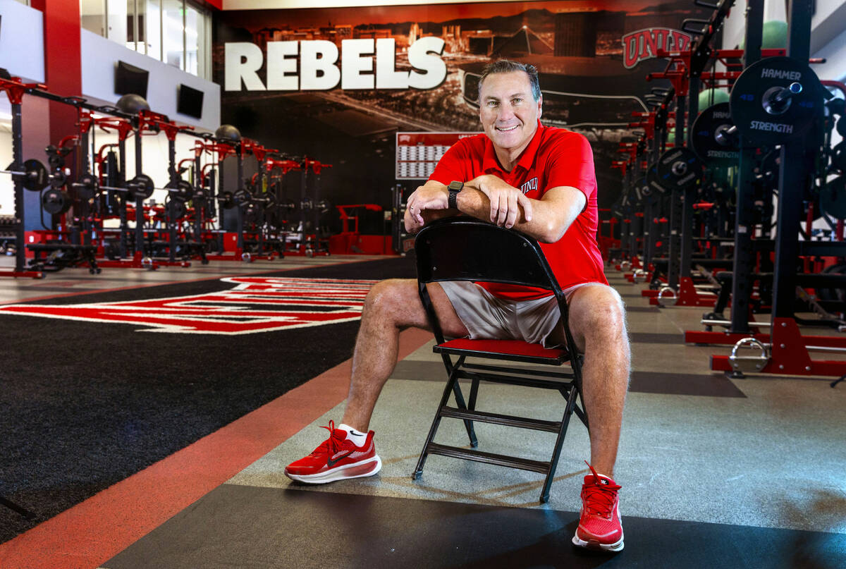 UNLV head coach Dan Mullen within the Fertitta Football Complex on Wednesday, Aug. 6, 2025, in ...