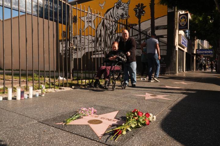 Flowers cover the Walk of Fame star for Rob Reiner Monday, Dec. 15, 2025, in the Hollywood sect ...