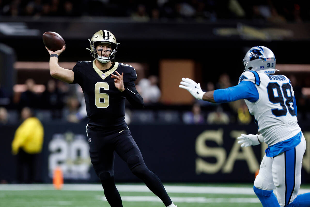New Orleans Saints quarterback Tyler Shough (6) throws a pass during the second half of an NFL ...