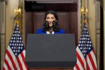 FILE - Lina Khan talks about health care costs at the Eisenhower Executive Office Building on t ...