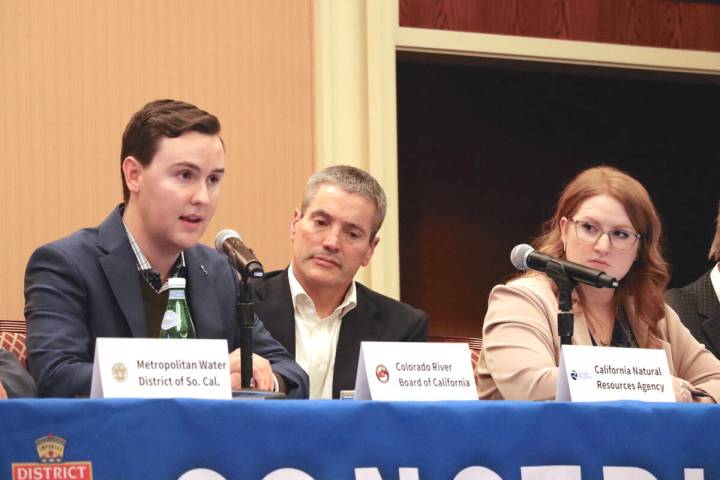 JB Hamby, left, chair of the Colorado River Board of California, speaks about his state's conse ...