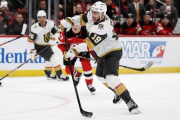 Vegas Golden Knights right wing Reilly Smith shoots during the first period of an NHL hockey ga ...
