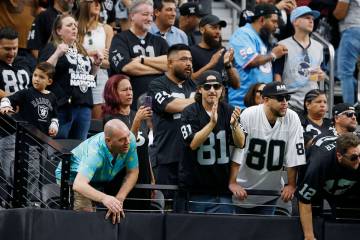 Raiders fans cheer for their team as they watch an NFL game against Tennessee Titans at Allegia ...