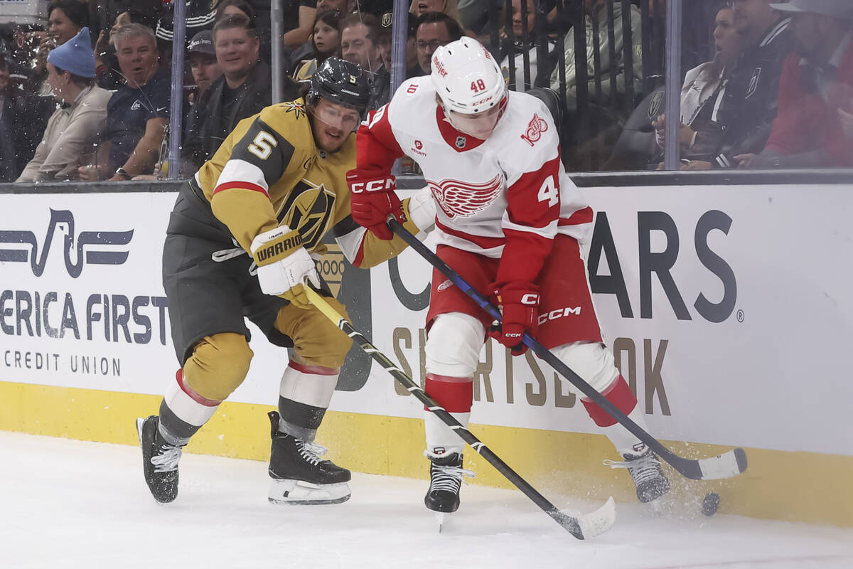 Detroit Red Wings right wing Jonatan Berggren (48) and Golden Knights defenseman Jeremy Lauzon ...