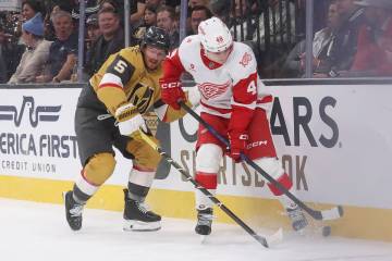 Detroit Red Wings right wing Jonatan Berggren (48) and Golden Knights defenseman Jeremy Lauzon ...