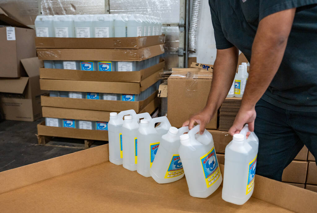 Pallets of Stingray spot removing cleaner are packed for distribution in Las Vegas Dec. 11, 202 ...