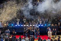 The New York Knicks celebrate their 124-113 win over the San Antonio Spurs to take the NBA Cup ...