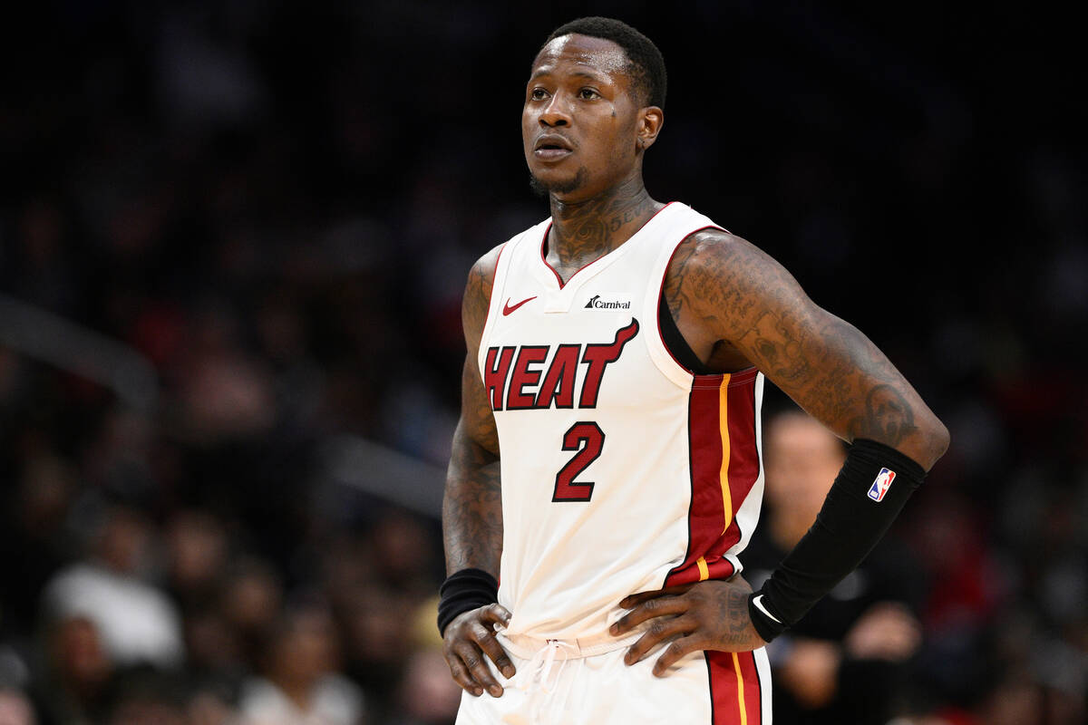Miami Heat guard Terry Rozier (2) looks on during the second half of an NBA basketball game aga ...