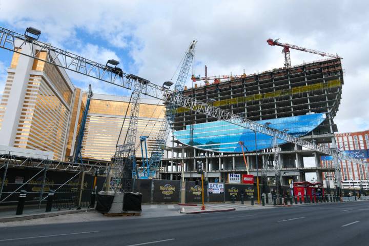 Construction continues on the Hard Rock Hotel guitar tower Tuesday, October 14, 2025, in Las Ve ...