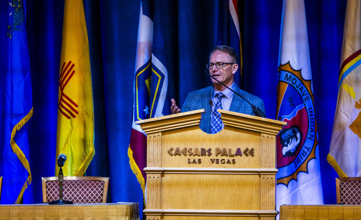 Organization President Gene Shawcroft gives a welcome address to attendees during the second da ...