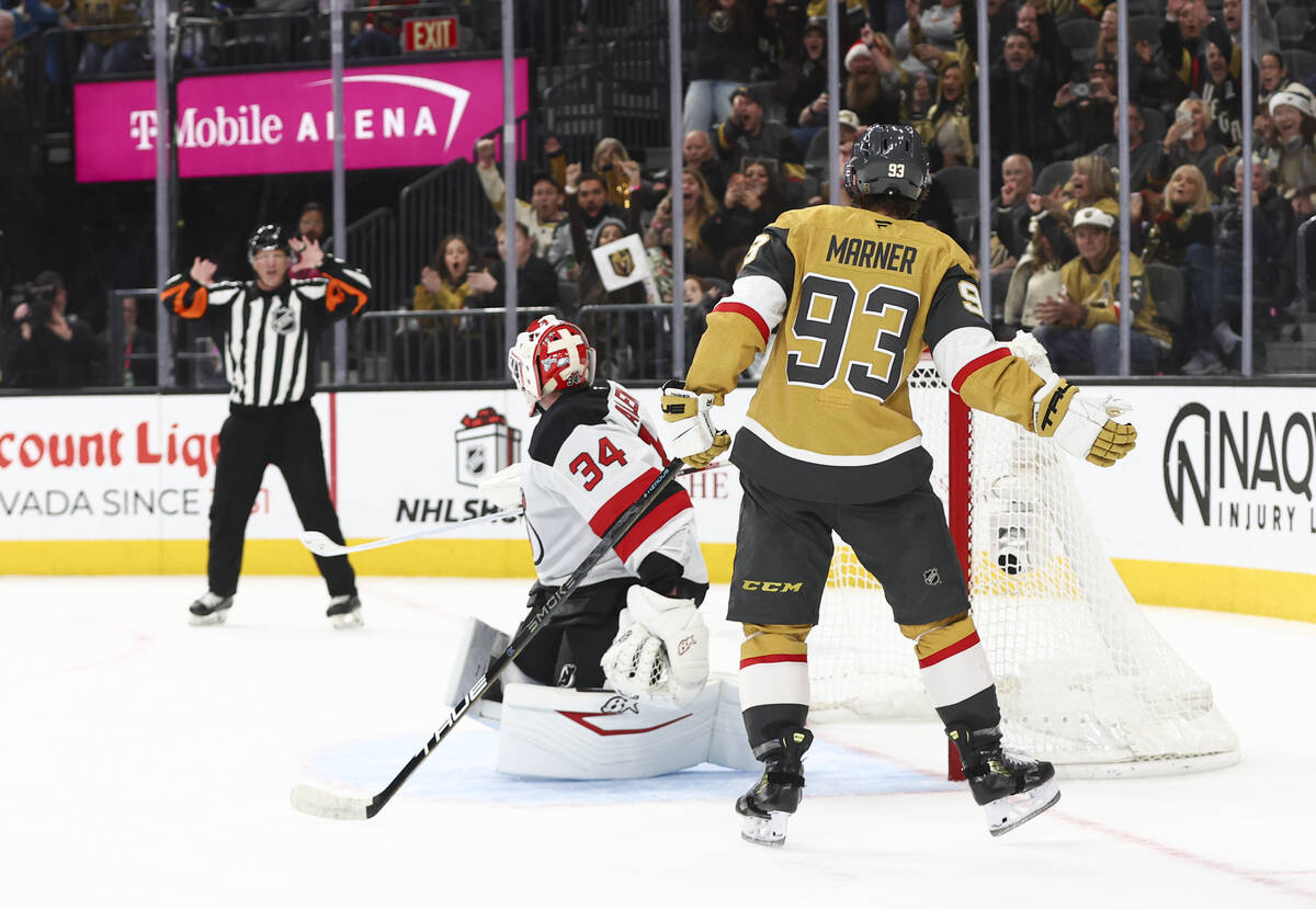 Golden Knights right wing Mitch Marner (93) reacts after no goal was called during a shootout i ...