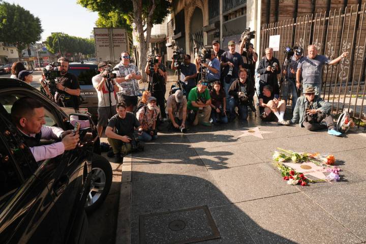 Media gathers at the Walk of Fame star for Rob Reiner Monday, Dec. 15, 2025, in the Hollywood s ...