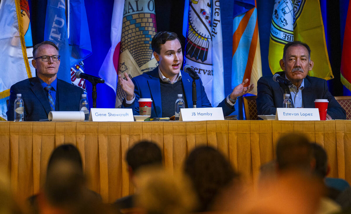JB Hamby, a basin state commissioner for California, center, speaks on his perspectives while j ...