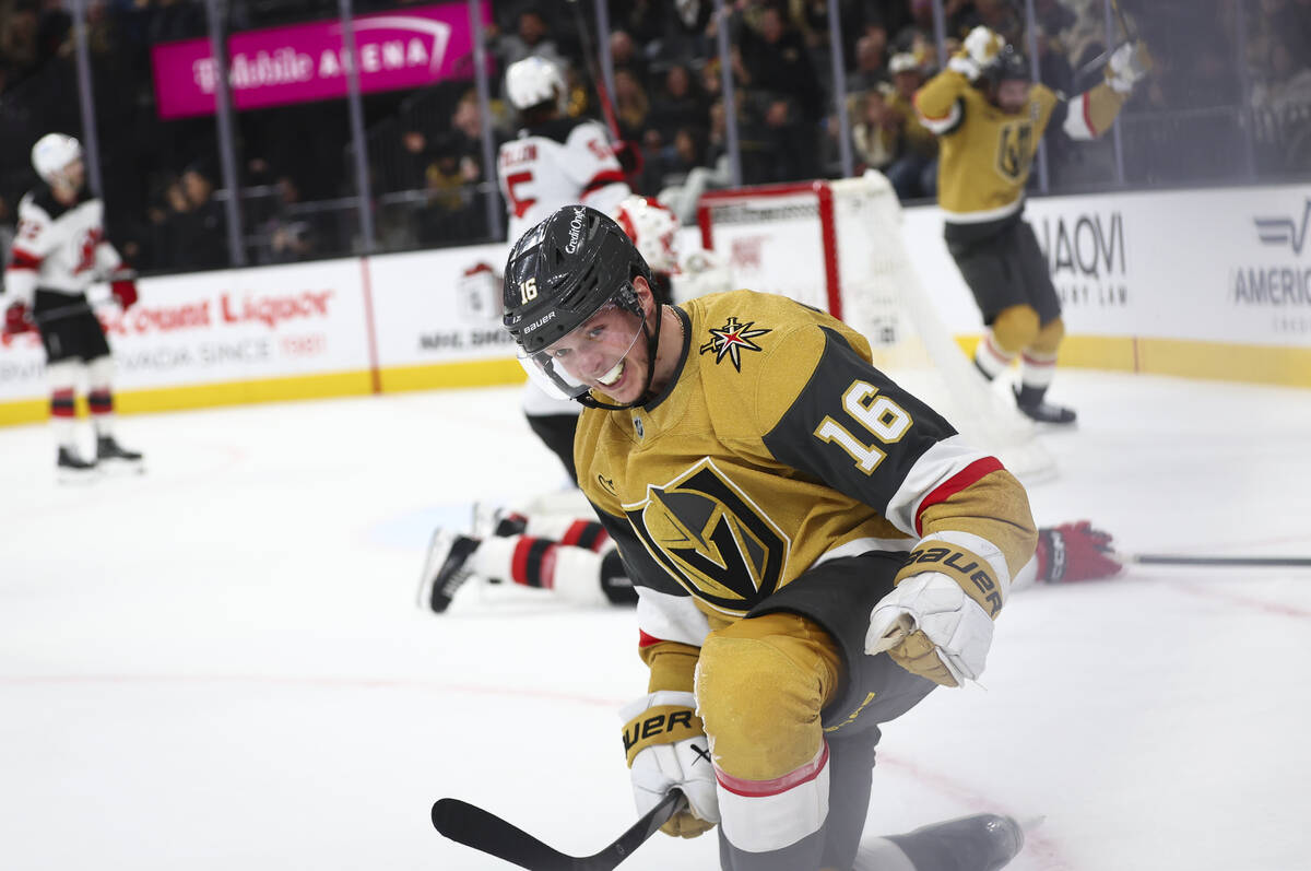 Golden Knights right wing Pavel Dorofeyev (16) celebrates after scoring against the New Jersey ...