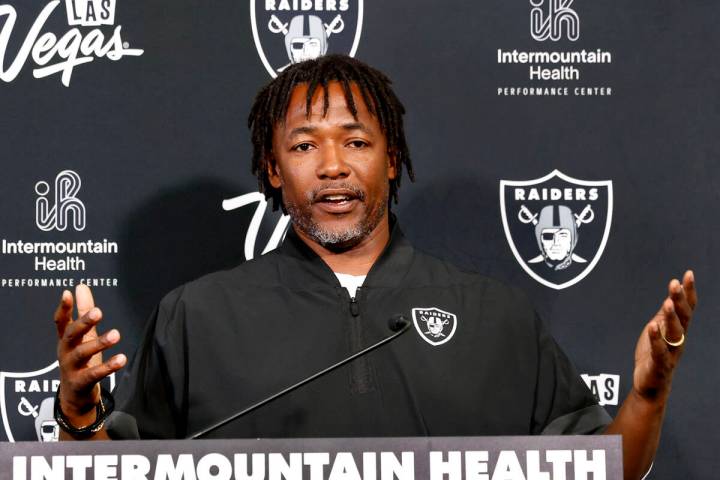 Raiders defensive coordinator Patrick Graham addresses the media before the team’s pract ...