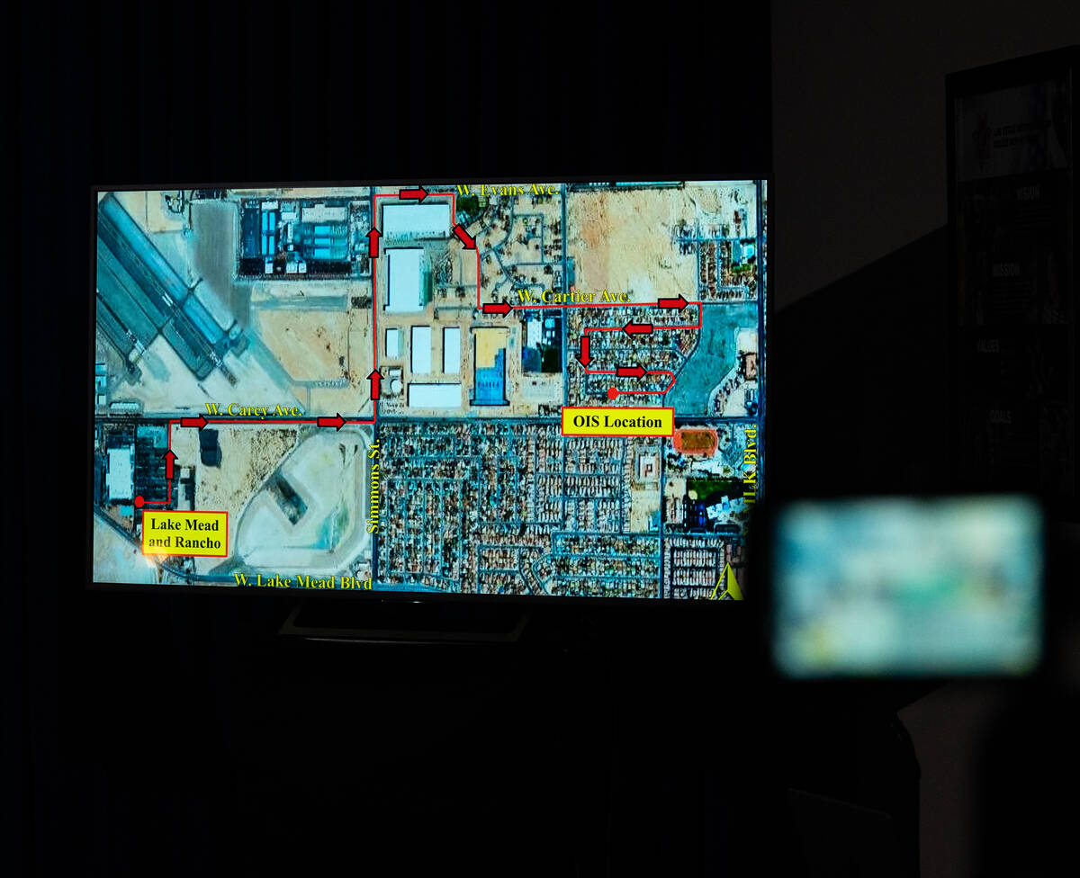 A map of the Dec. 17, 2025, officer-involved shooting is show during a press conference at the ...