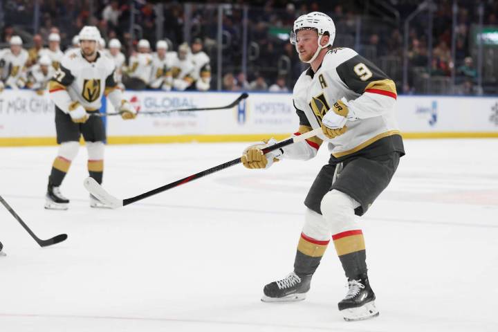 Vegas Golden Knights' Jack Eichel (9) looks on after making a pass during the third period ...