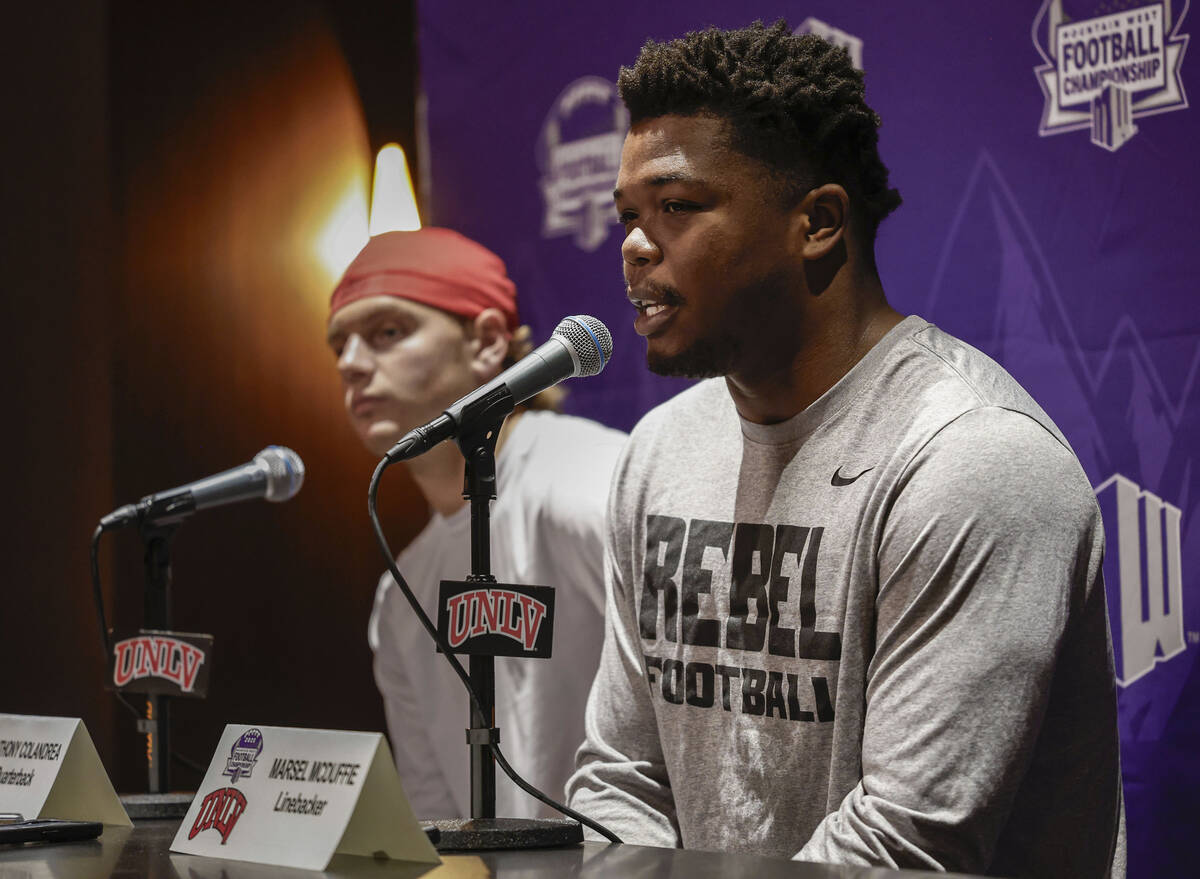 UNLV linebacker Marsel McDuffie speaks to the media at the Fertitta Football Complex at UNLV Mo ...