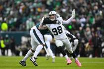 Las Vegas Raiders defensive end Maxx Crosby (98) in action against Philadelphia Eagles offensiv ...