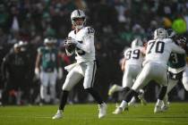 Las Vegas Raiders quarterback Kenny Pickett in action during an NFL football game, Sunday, Dec. ...