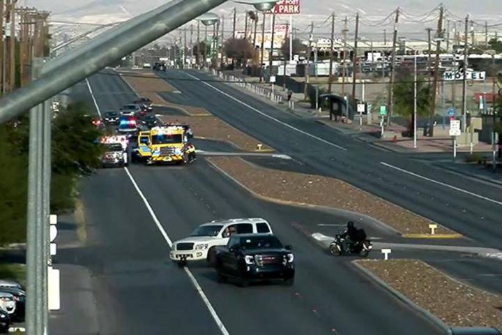 Police investigate a crash Sunday, Dec. 21, 2025, on North Las Vegas Boulevard and Walnut Road ...
