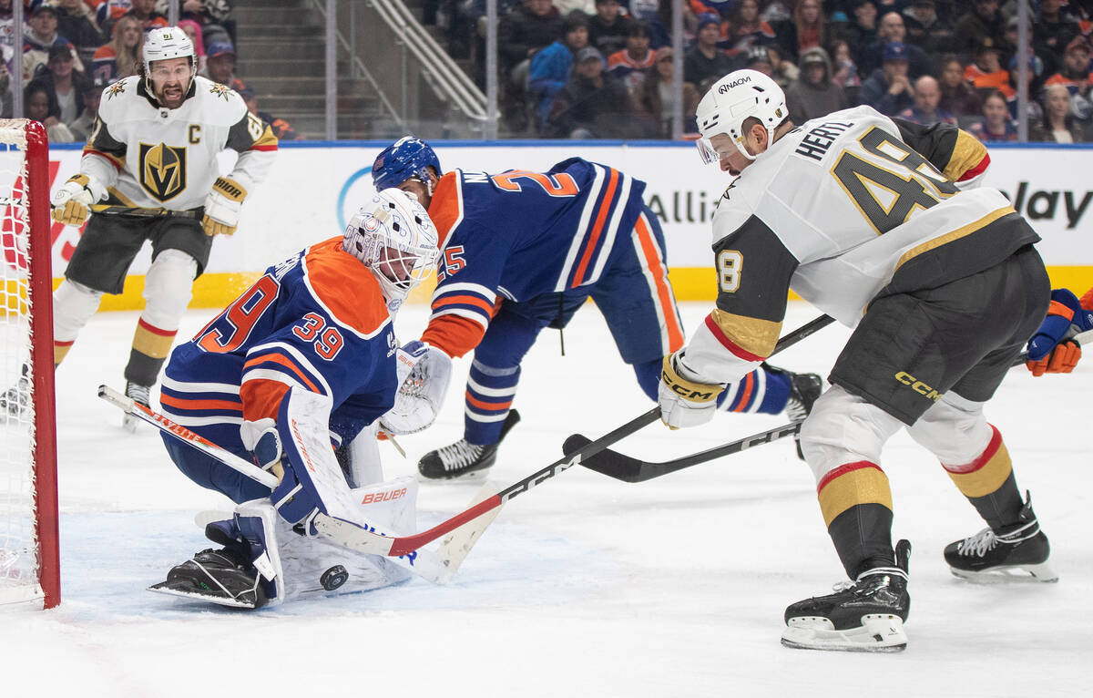 Vegas Golden Knights' Tomas Hertl (48) is stopped by Edmonton Oilers goalie Connor Ingram ...