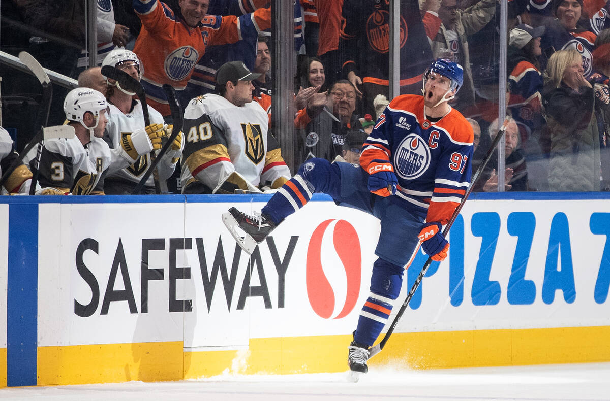 Edmonton Oilers' Connor McDavid (97) celebrates after a goal against the Vegas Golden Knig ...