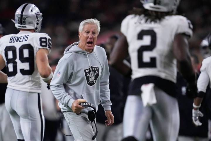 Las Vegas Raiders head coach Pete Carroll reacts after running back Ashton Jeanty (2) scored du ...