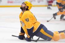Nashville Predators defenseman Nicolas Hague (41) warms up before an NHL hockey game against th ...