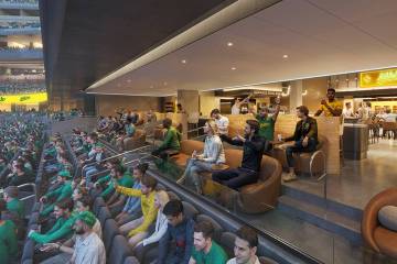 An artist rendering of the Athletics' planned Las Vegas ballpark shown during a March 6, 2025, ...