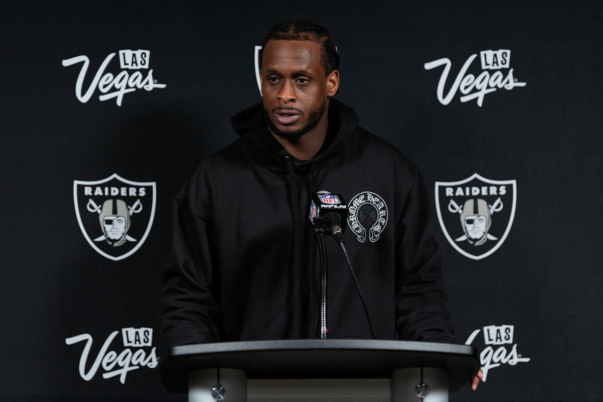 Las Vegas Raiders quarterback Geno Smith speaks during a press conference after an NFL football ...