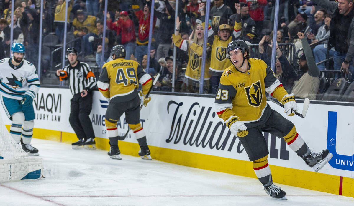 Golden Knights right wing Mitch Marner (93) celebrates his score against San Jose Sharks goalte ...