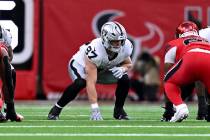 Las Vegas Raiders tight end Michael Mayer (87) lines up during the first half of an NFL footbal ...