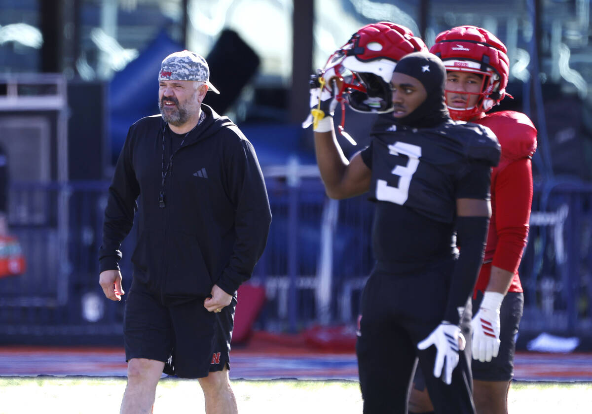 Nebraska's head coach Matt Rhule watches over the team’s practice at Bishop Gorman ...