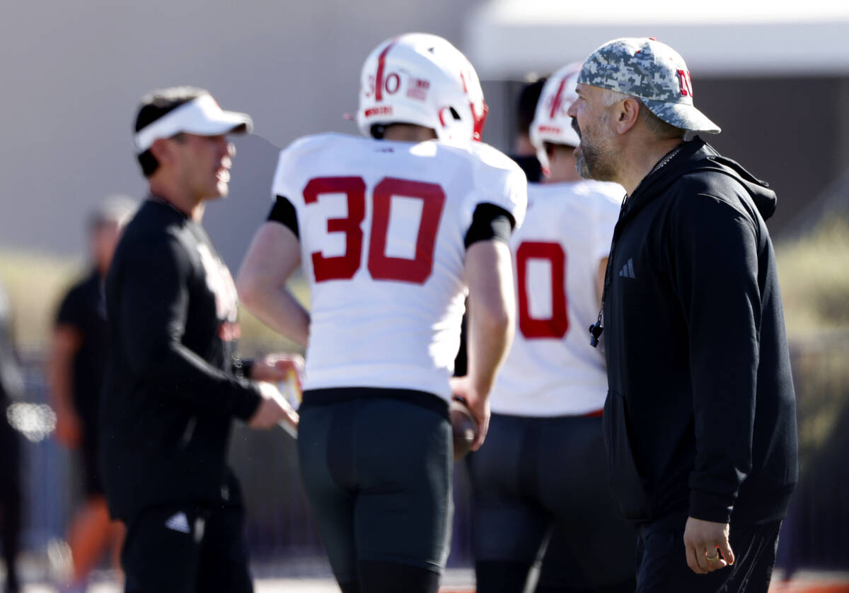 Nebraska's head coach Matt Rhule instructs his players during the team’s practice at Bishop G ...