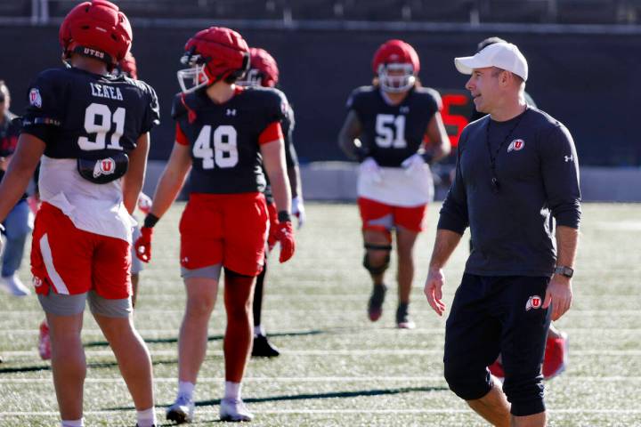 Utha's head coach Morgan Scalley watches over the team’s practice at the Fertitta F ...
